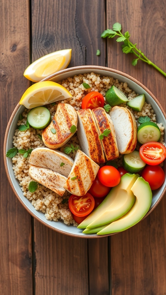 A healthy grilled chicken quinoa bowl with vegetables and herbs, served with lemon wedges.
